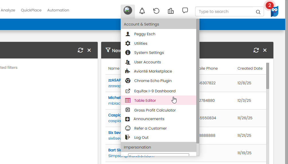 Account and Settings menu with Table Editor option