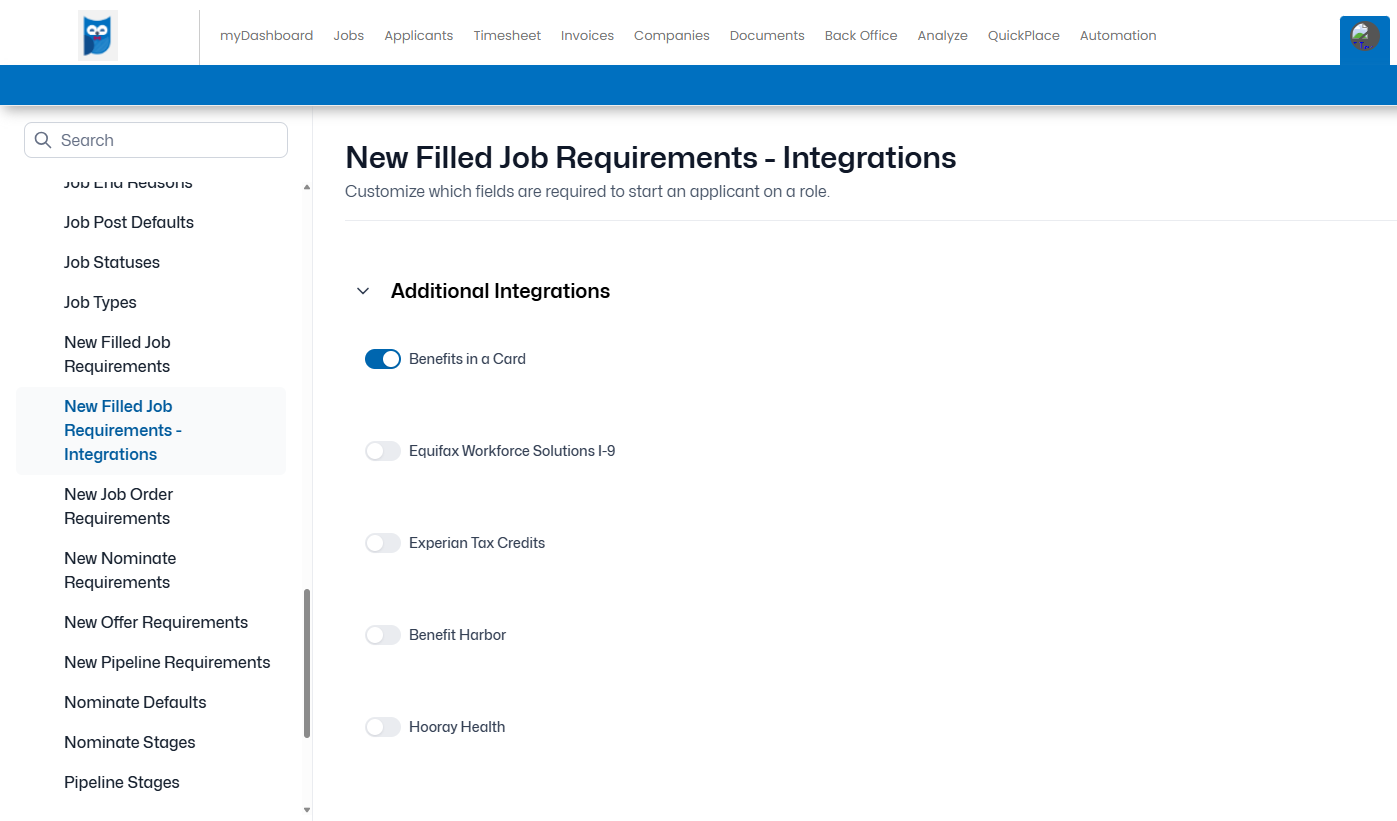 Table Editor showing New Filled Job Requirements - Integrations option selected