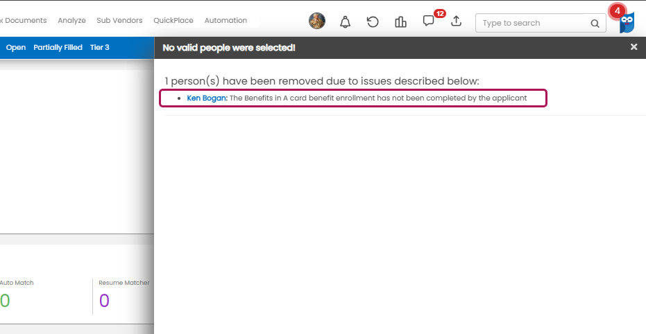 Placement error shown when talent has not completed required BIC task