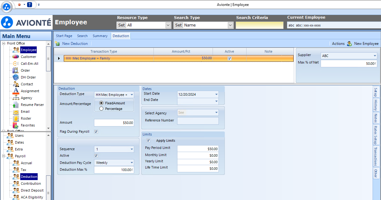 Employee deduction setup