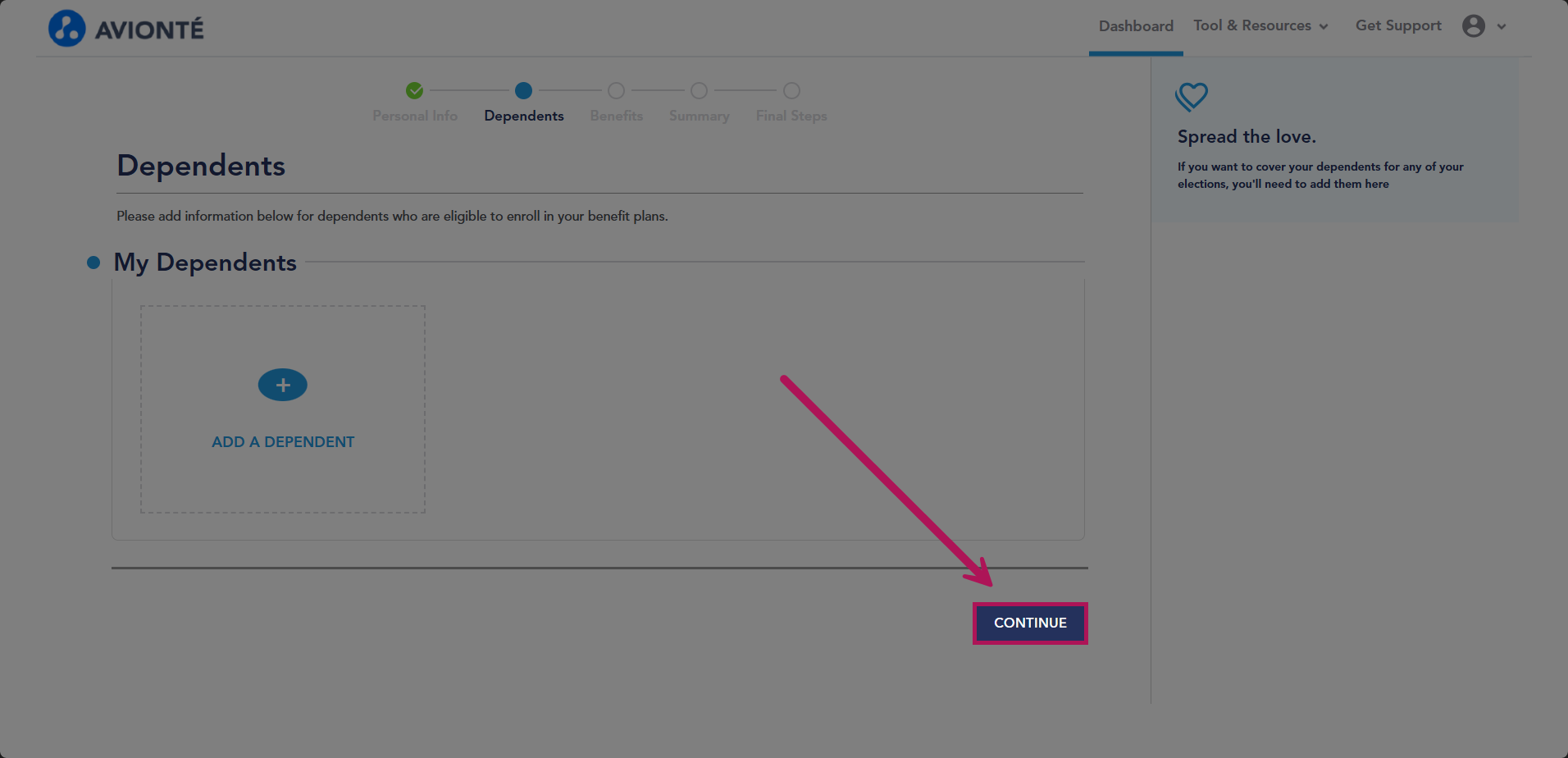 Continue after adding dependents