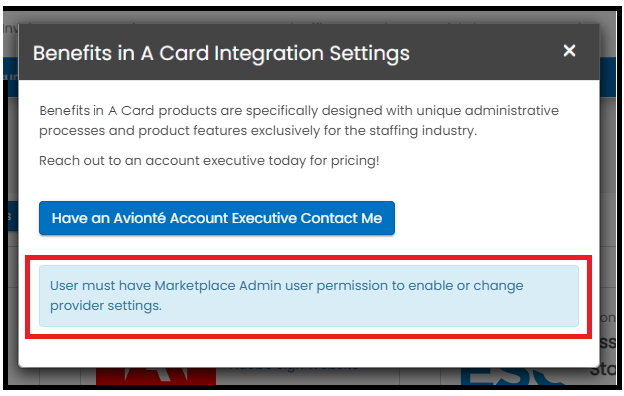 Permission error message displayed when Marketplace Admin permission is not enabled