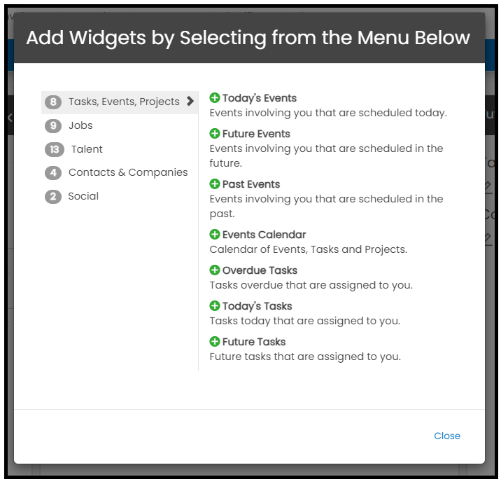 Tasks, Events, Projects widgets