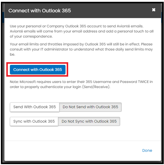 Connect with Outlook 365 button