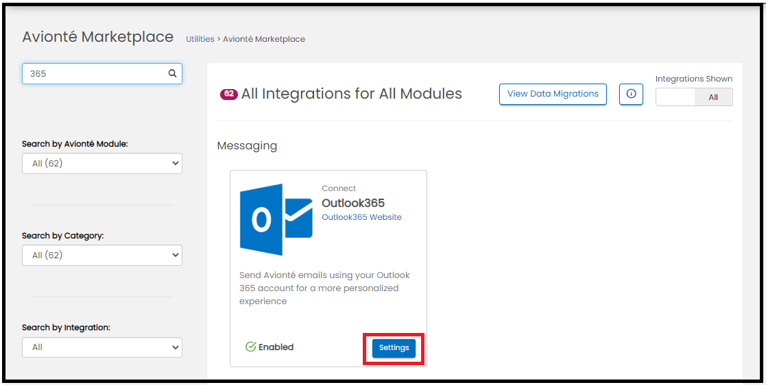 Outlook365 Settings button