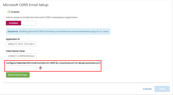 Field for entering the Federated email domain