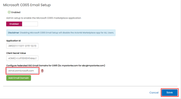 Save button for domain settings