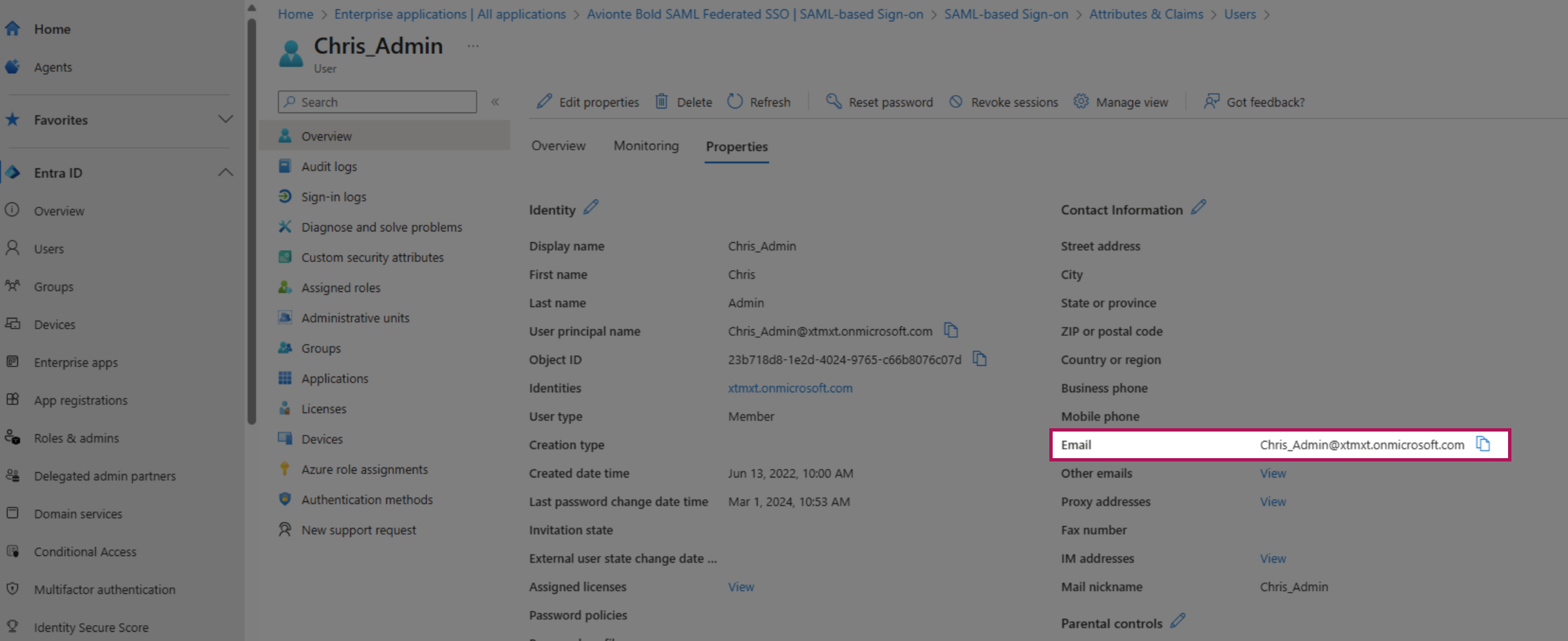Entra Admin Center user Properties tab showing the Email field highlighted under Contact Information