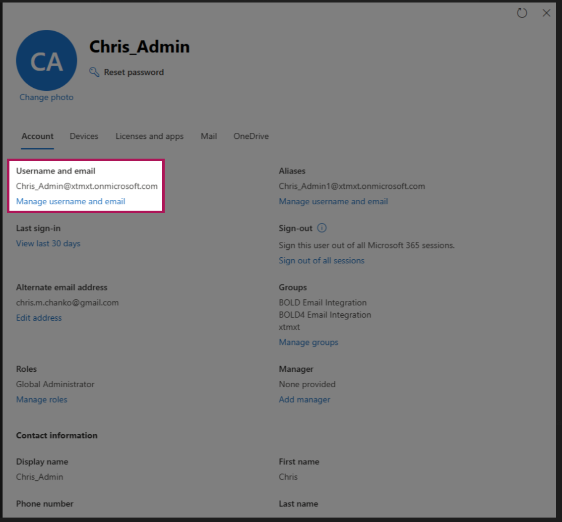 O365 Admin portal user account page showing Username and email field highlighted