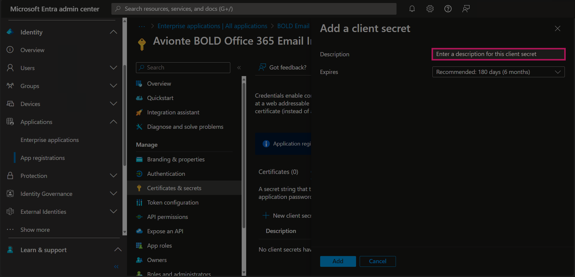 Entra - App Registrations - Bold Registration - Certifications & Secrets - Add A Client Secret - Description Field.png