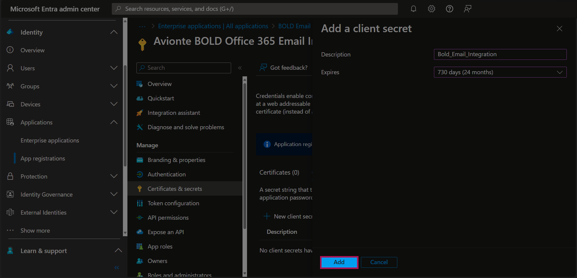 Entra - App Registrations - Bold Registration - Certifications & Secrets - Add A Client Secret - Expires Selected - Add Button.png