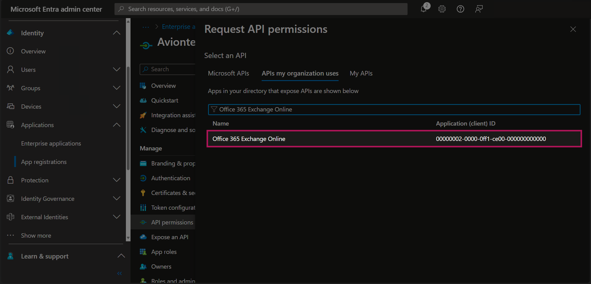 Entra - App Registrations - Bold Registration - API Permissions - Request API Permissions - Select Permissions - APIs My Org Uses - Search Complete - O365 Exchange Online.png