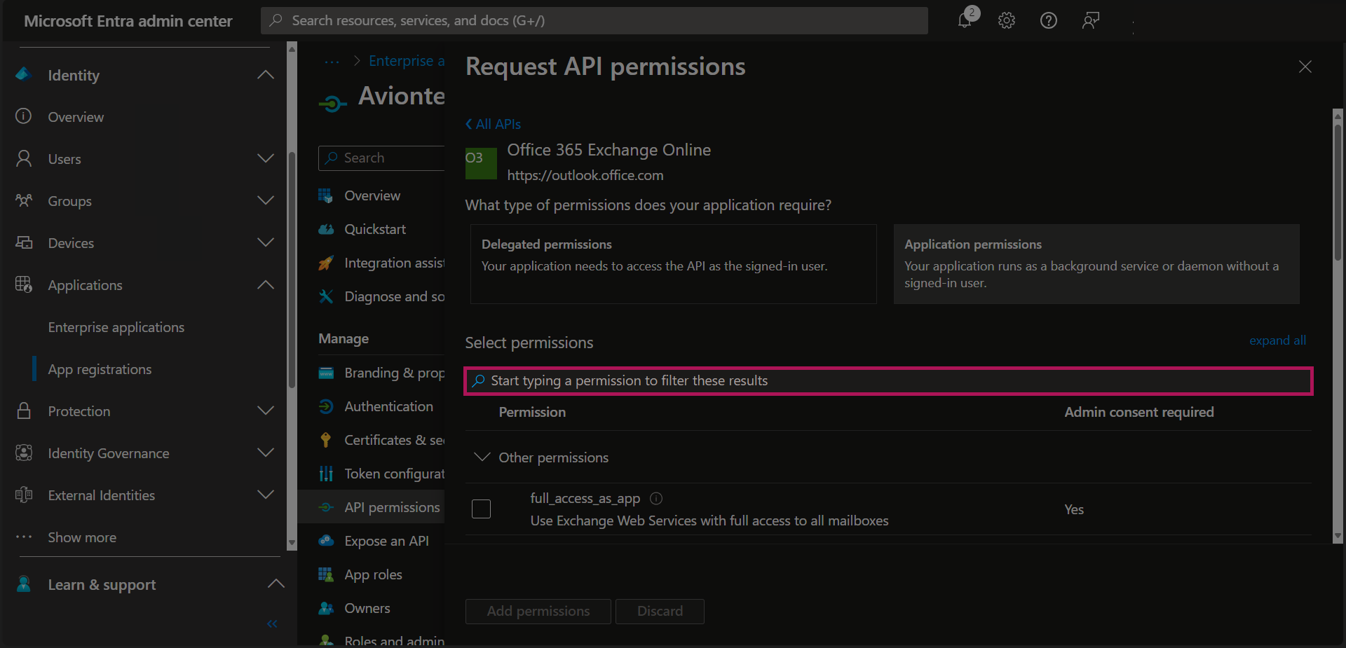 Entra - App Registrations - Bold Registration - API Permissions - Request API Permissions - O365 Exchange Online - Search Bar Highlighted.png