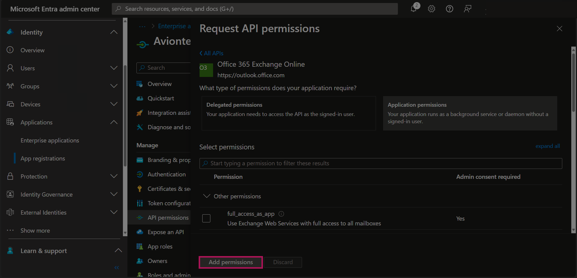 Entra - App Registrations - Bold Registration - API Permissions - Request API Permissions - O365 Exchange Online - Search Bar Highlighted - Add Permission Button.png