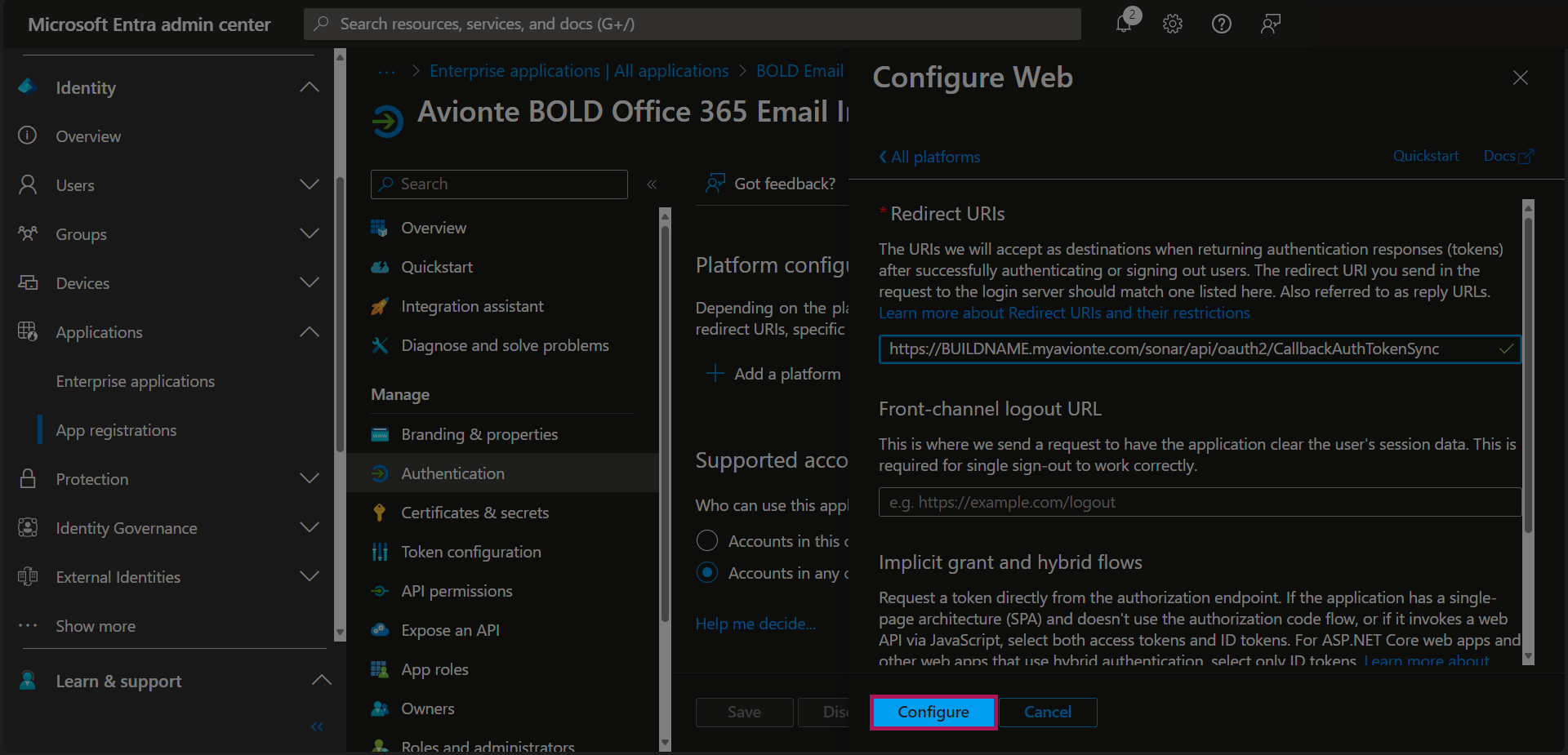 Entra - App Registrations - Bold Registration - Authentication - Configure Web - URL Entered - Configure Button.png