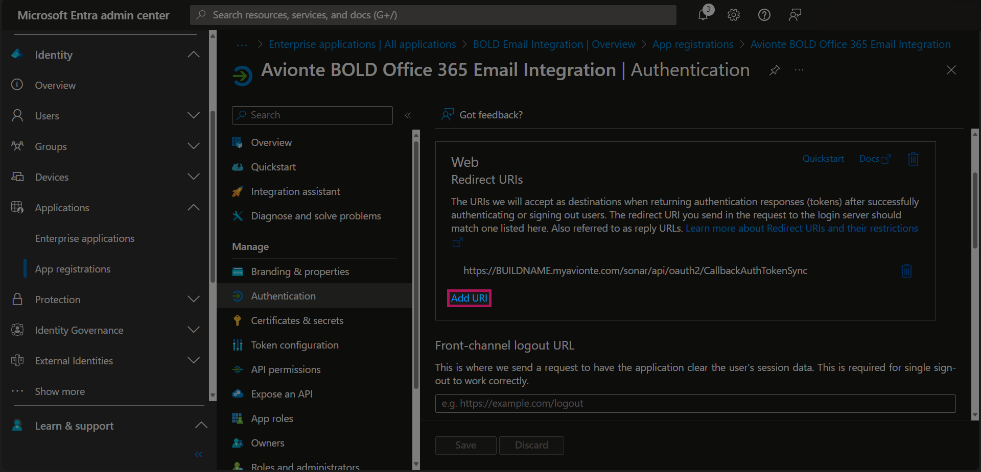 Entra - App Registrations - Bold Registration - Authentication - First URL Added - Add URL Button.png