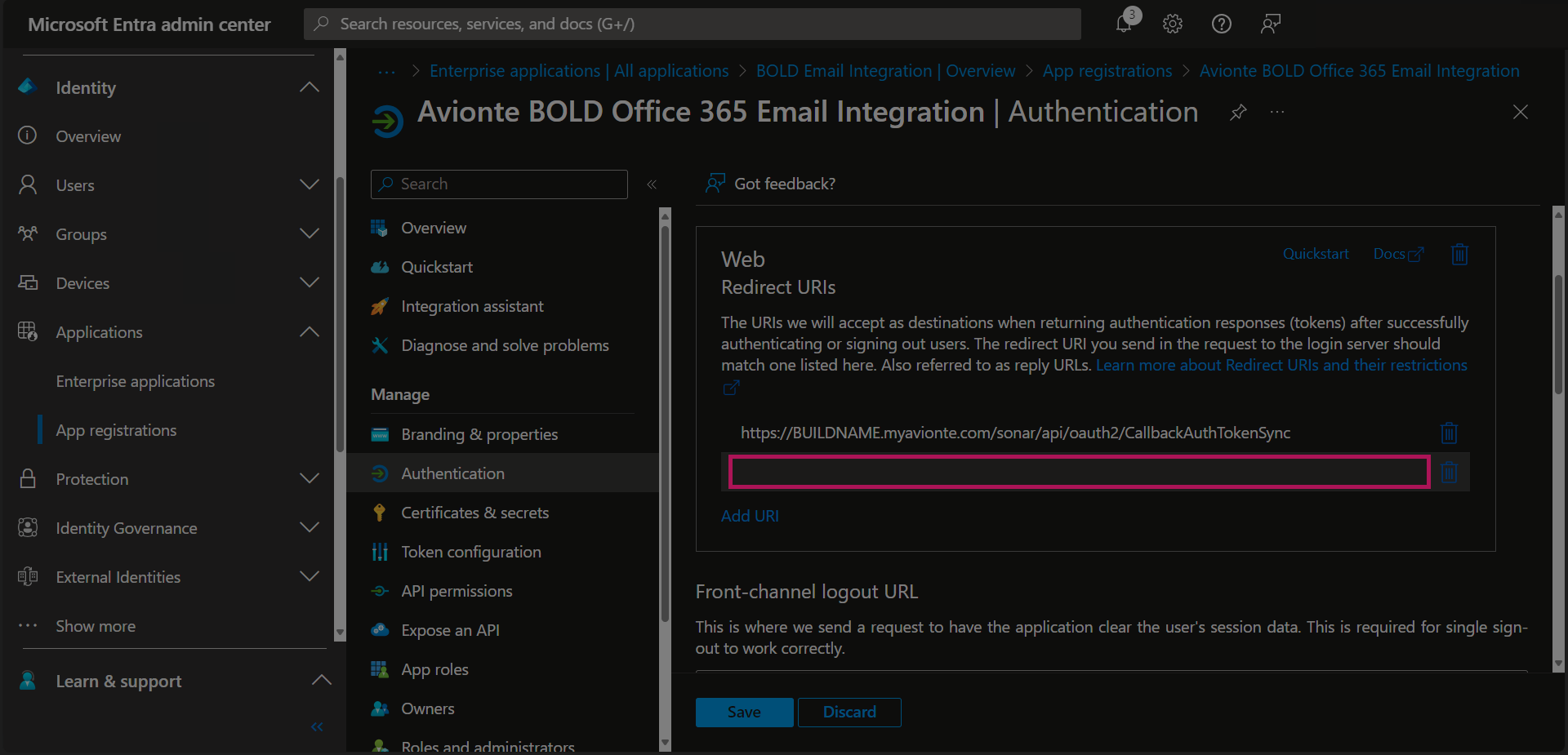 Entra - App Registrations - Bold Registration - Authentication - First URL Added - Add URL Clicked - URL Field.png