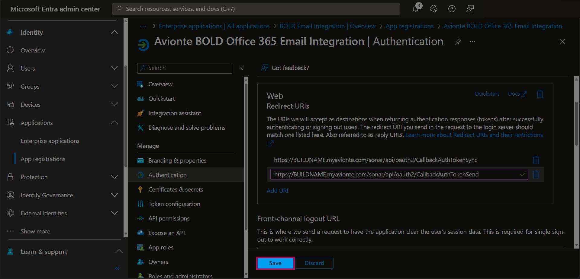 Entra - App Registrations - Bold Registration - Authentication - First URL Added - Add URL Clicked - Name Entered - Save Button.png