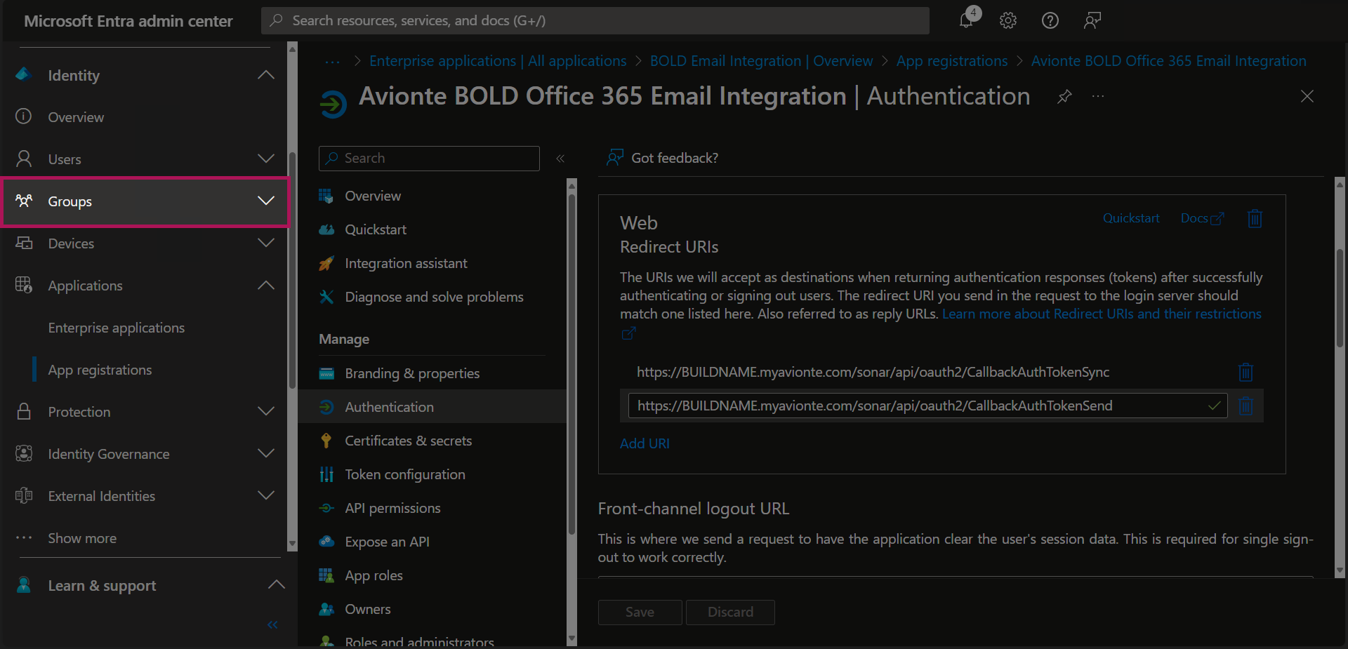 Entra - App Registrations - Bold Registration - Authentication - Both URLs Entered - Groups Button.png