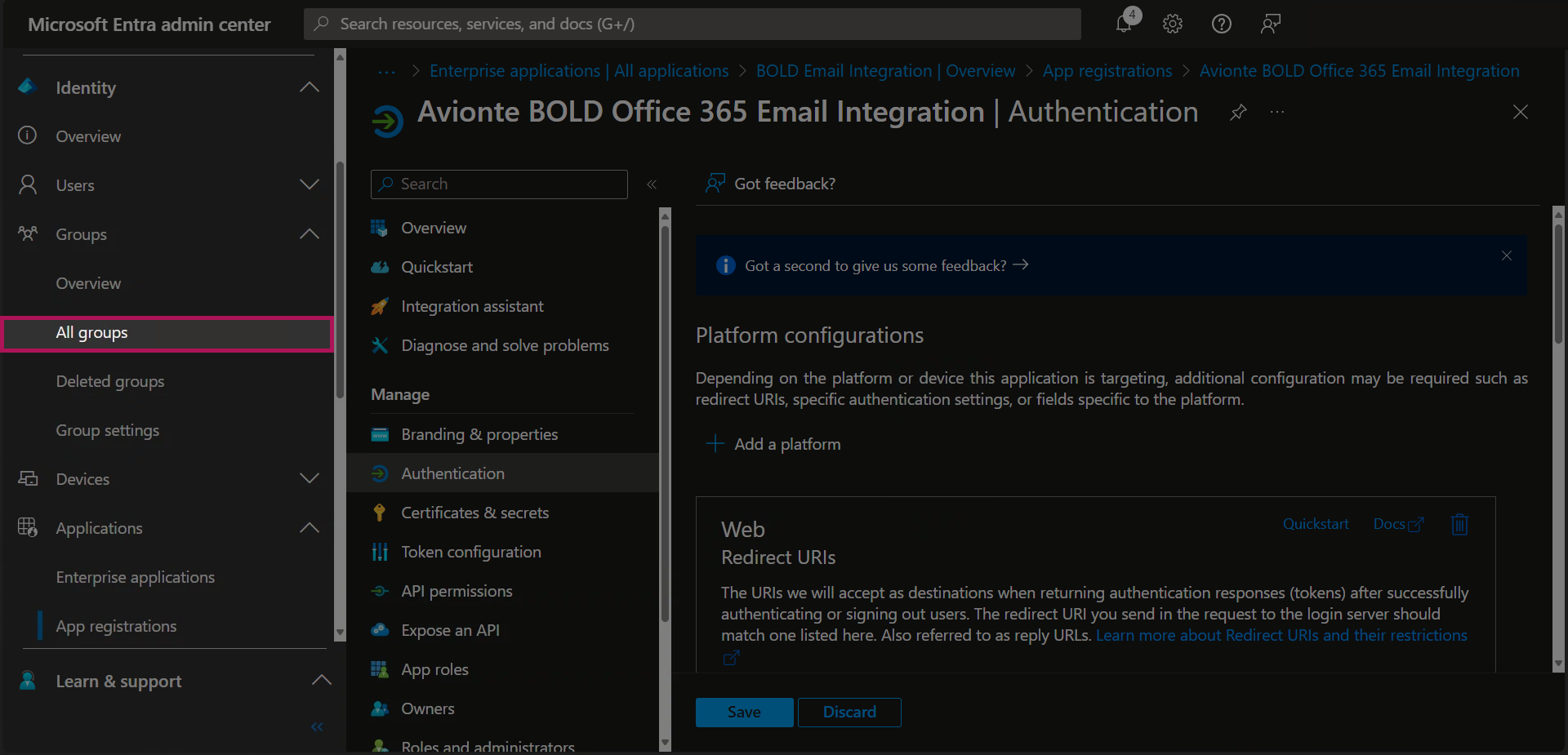 Entra - App Registrations - Bold Registration - Authentication - Both URLs Entered - Groups Menu Open - All Groups Button.png