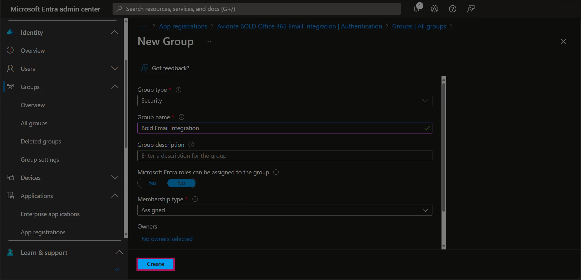 Entra - Groups - All Groups - New Group - Group Name Added - Create Button.png