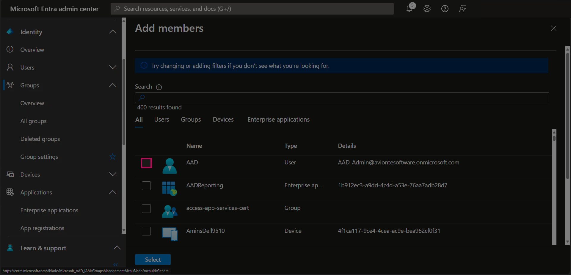 Entra - Groups - All Groups - Group Added - Group Selected - Members - Add New Members - User Highlighted.png
