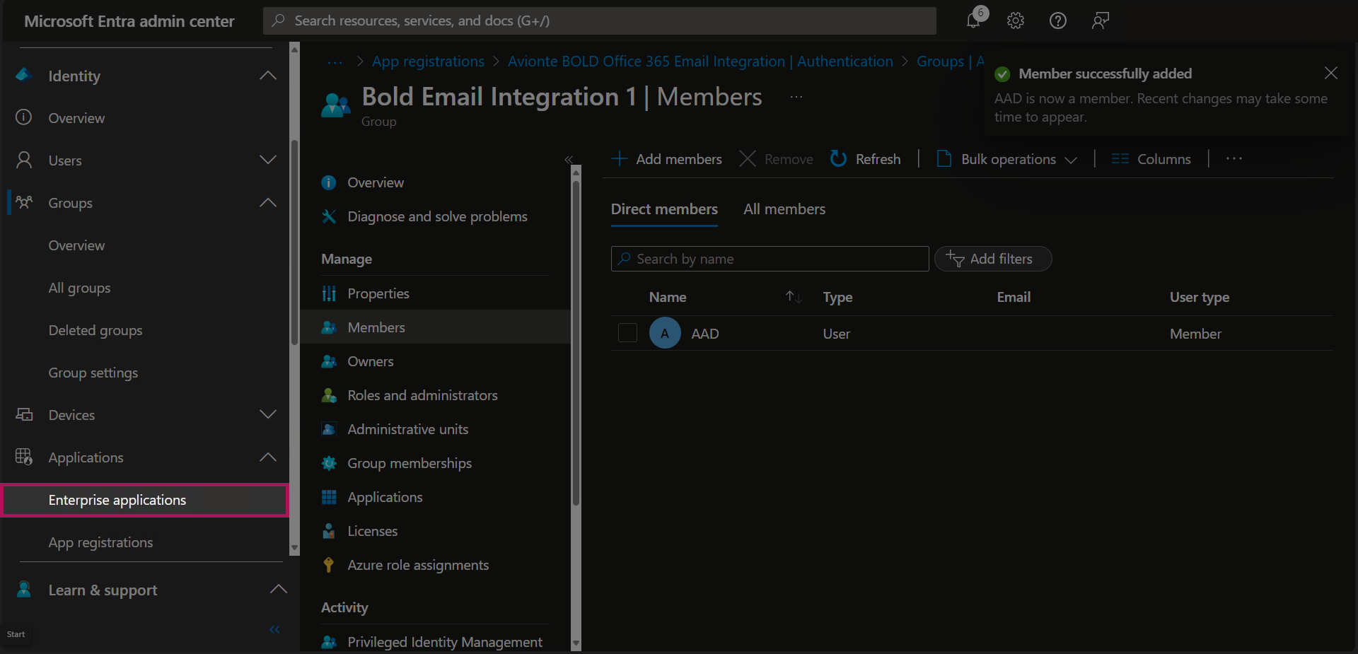 Entra - Groups - All Groups - Group Added - Group Selected - Members - Member Added - Enterprise Apps Button.png