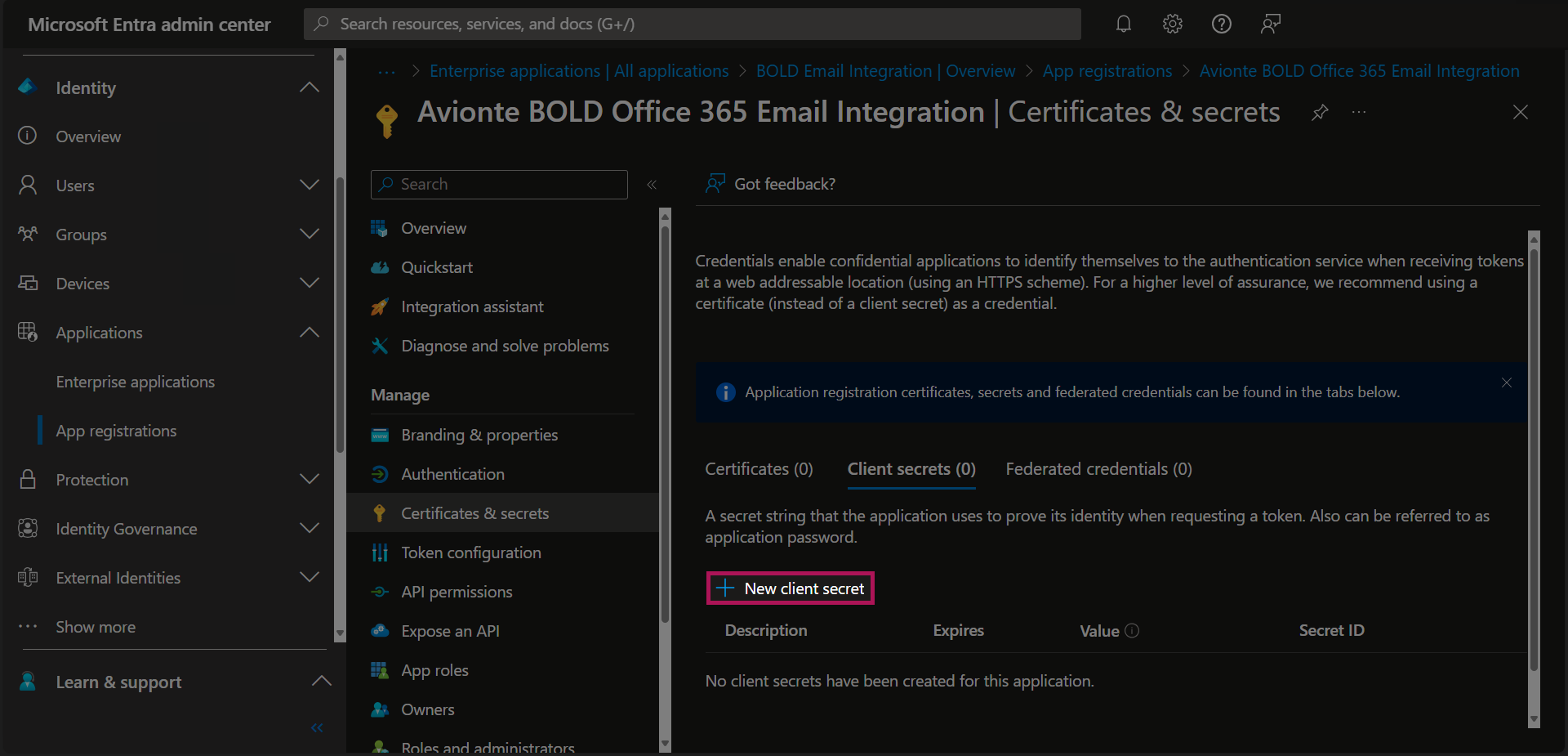 Entra - App Registrations - Bold Registration - Certifications & Secrets - New Client Secret Button.png