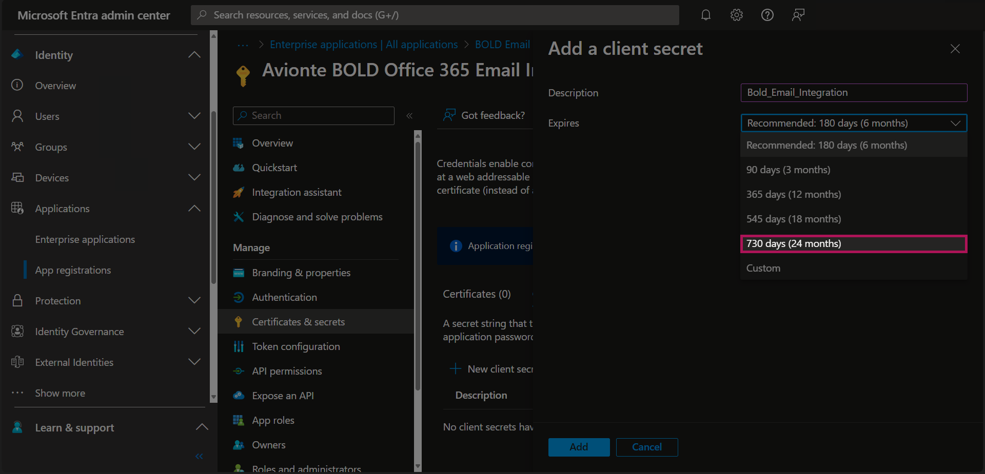 Entra - App Registrations - Bold Registration - Certifications & Secrets - Add A Client Secret - Expires Drop-Down Menu - 730 Days Highlighted.png