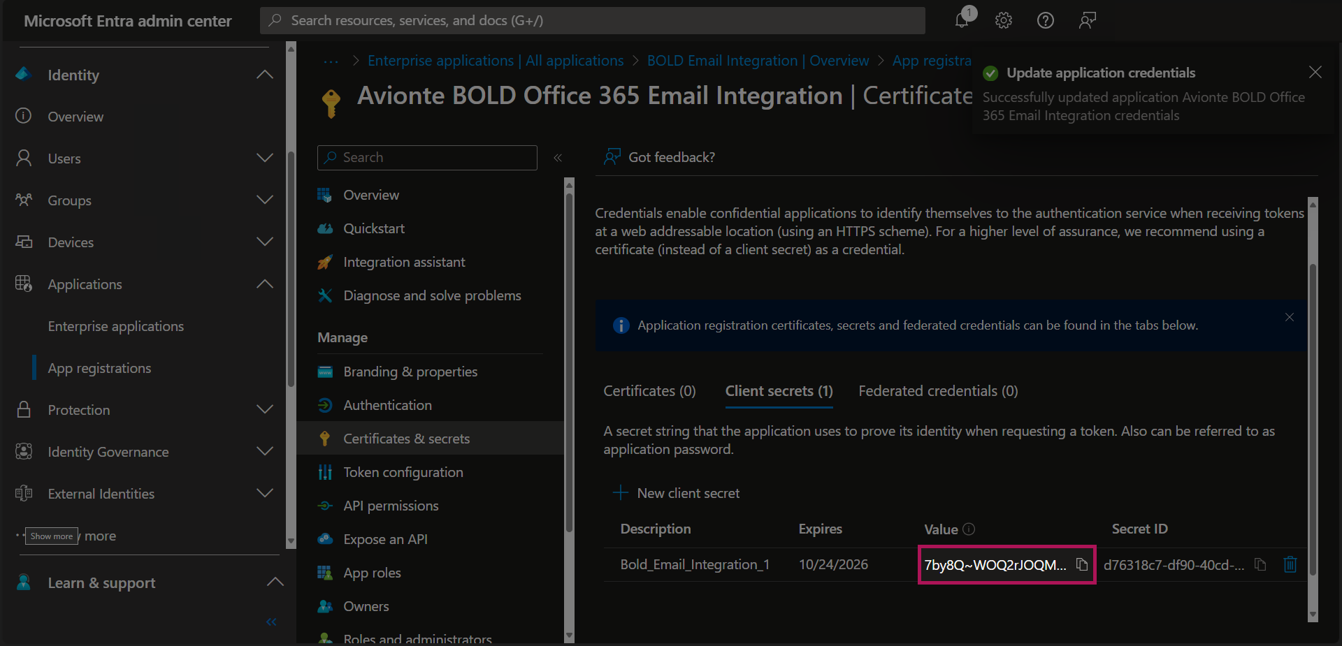 Entra - App Registrations - Bold Registration - Certifications & Secrets - Secret Added - Secret Value Highlighted.png
