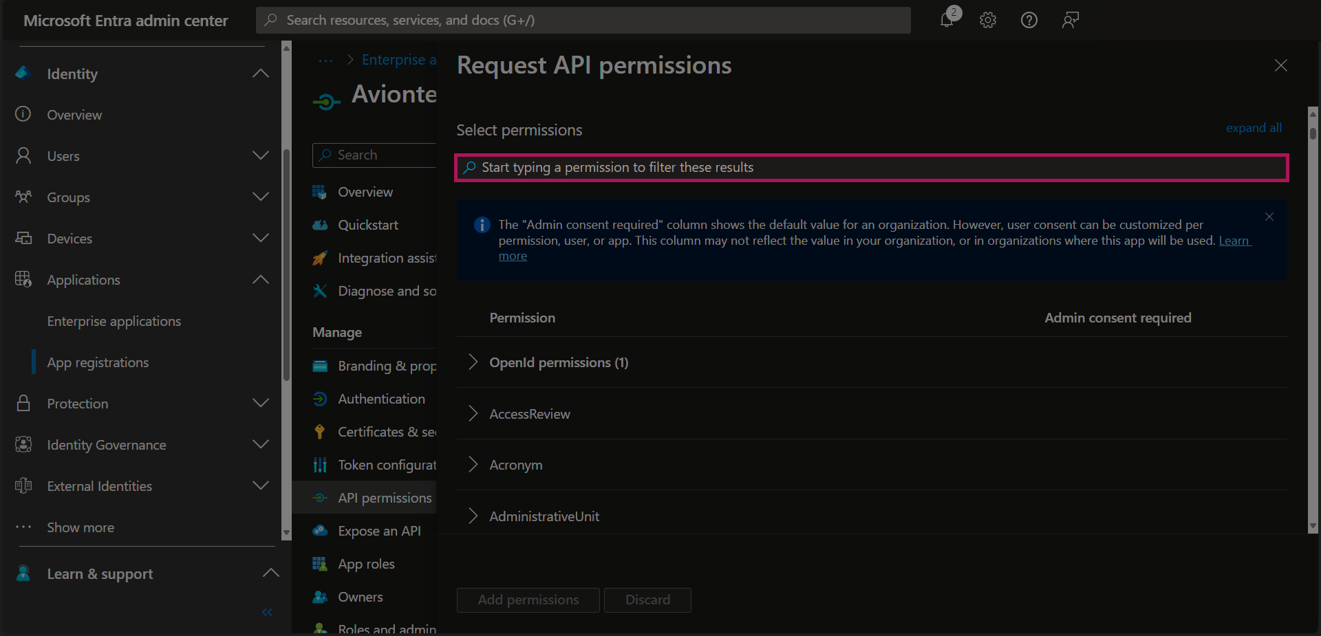 Entra - App Registrations - Bold Registration - API Permissions - Request API Permissions - MS Graph - Select Permissions - Search Bar.png