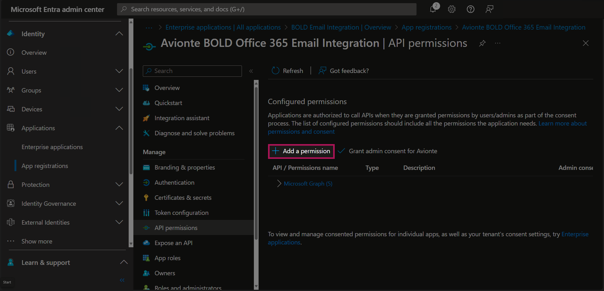 Entra - App Registrations - Bold Registration - API Permissions - Graph Permissions Added - Add Permission Button.png