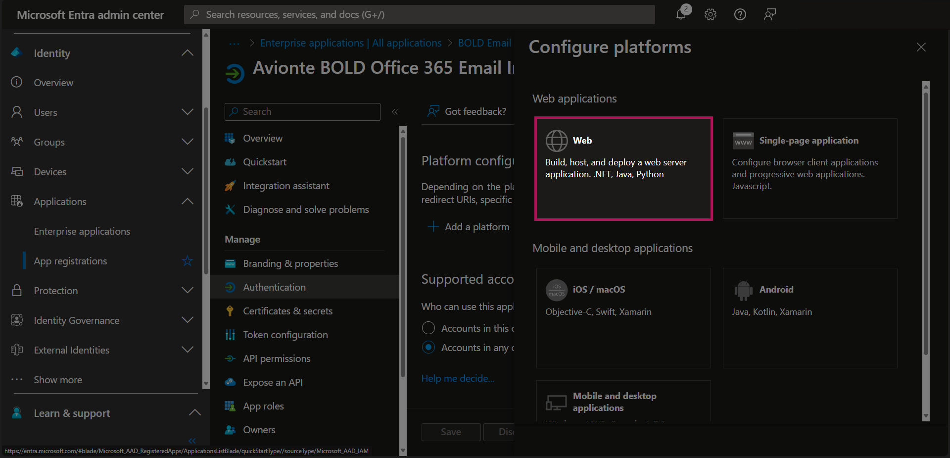 Entra - App Registrations - Bold Registration - Authentication - Configure Platforms - Web Button.png