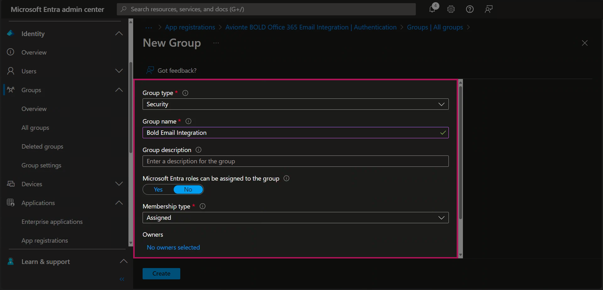 Entra - Groups - All Groups - New Group - Group Name Added - Fields.png