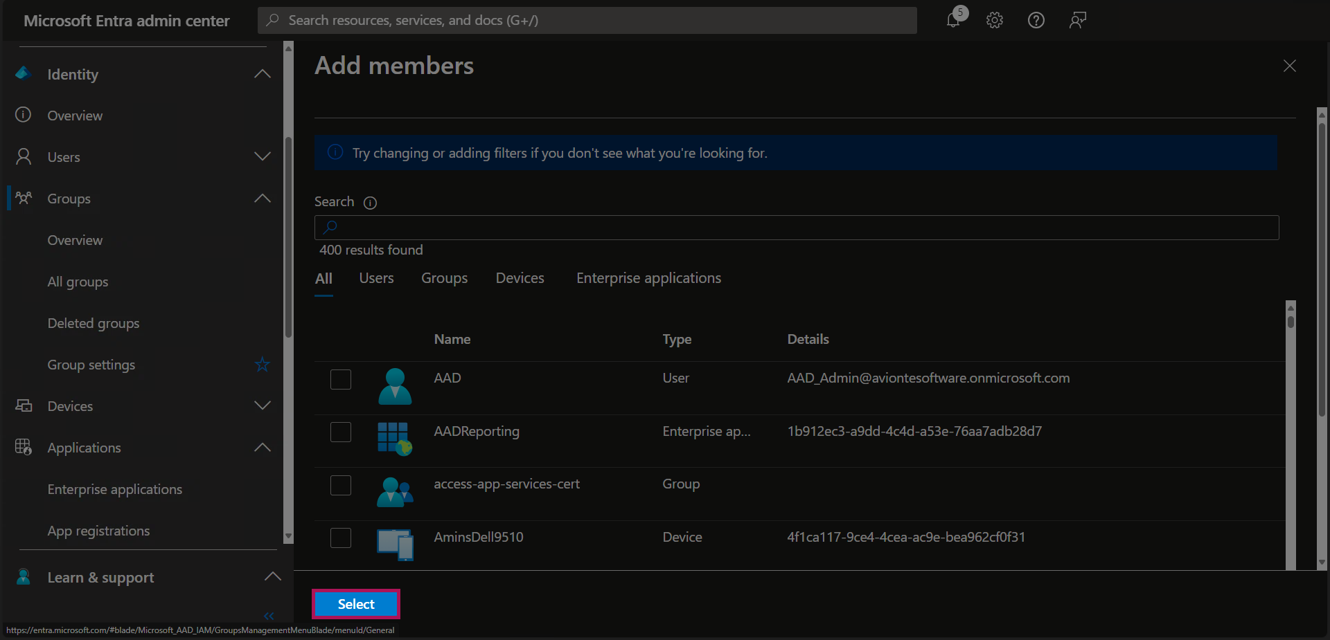 Entra - Groups - All Groups - Group Added - Group Selected - Members - Add New Members - Select Button.png