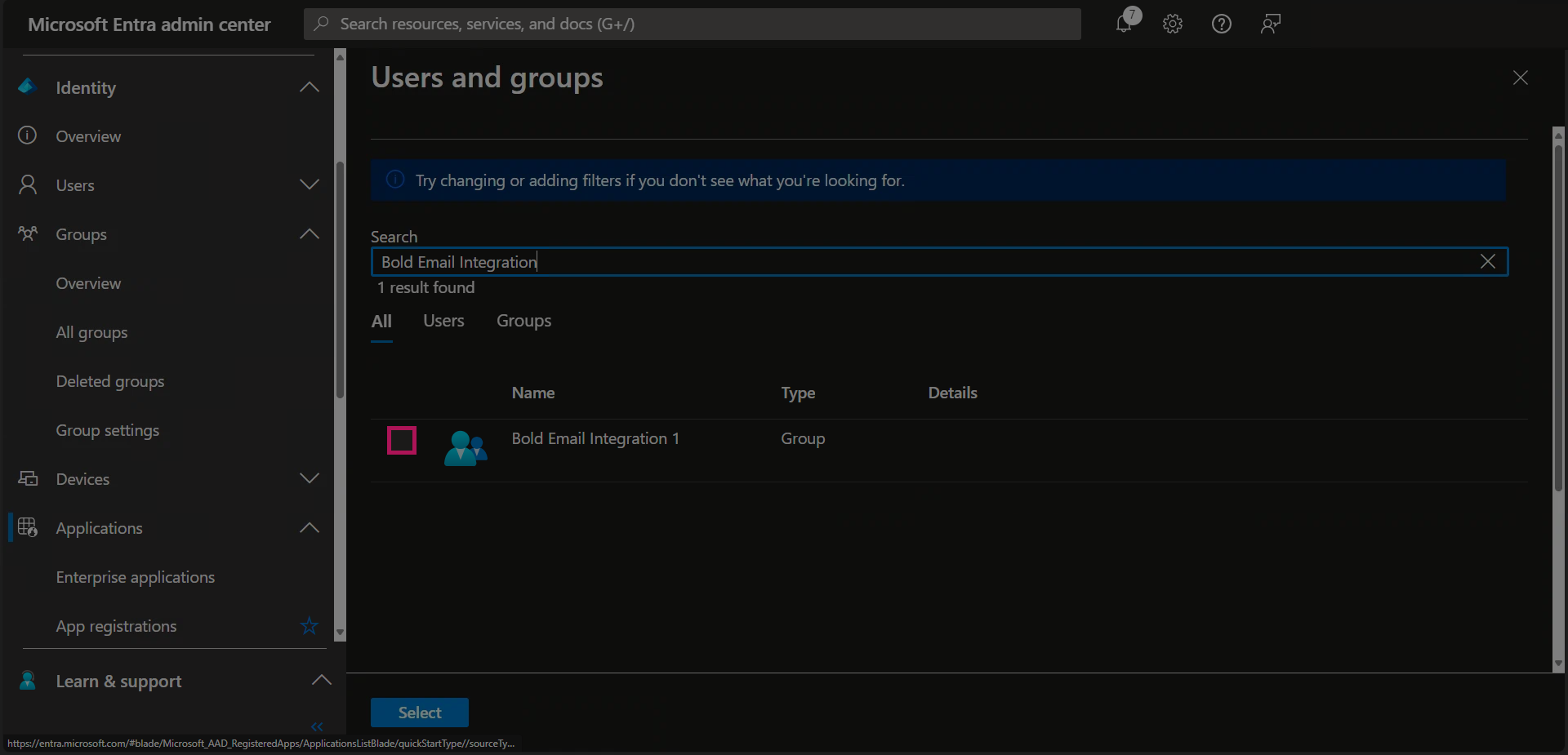 Entra - Enterprise Applications - Bold Selected - Users And Groups - Assign Users And Groups - Select Users And Groups - Search Complete - User Check Box.png