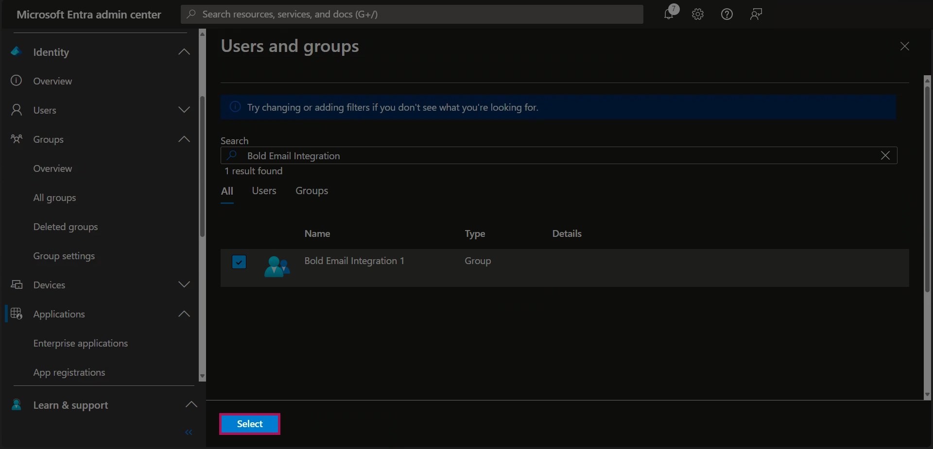 Entra - Enterprise Applications - Bold Selected - Users And Groups - Assign Users And Groups - Select Users And Groups - Search Complete - Group Selected - Select Button.png