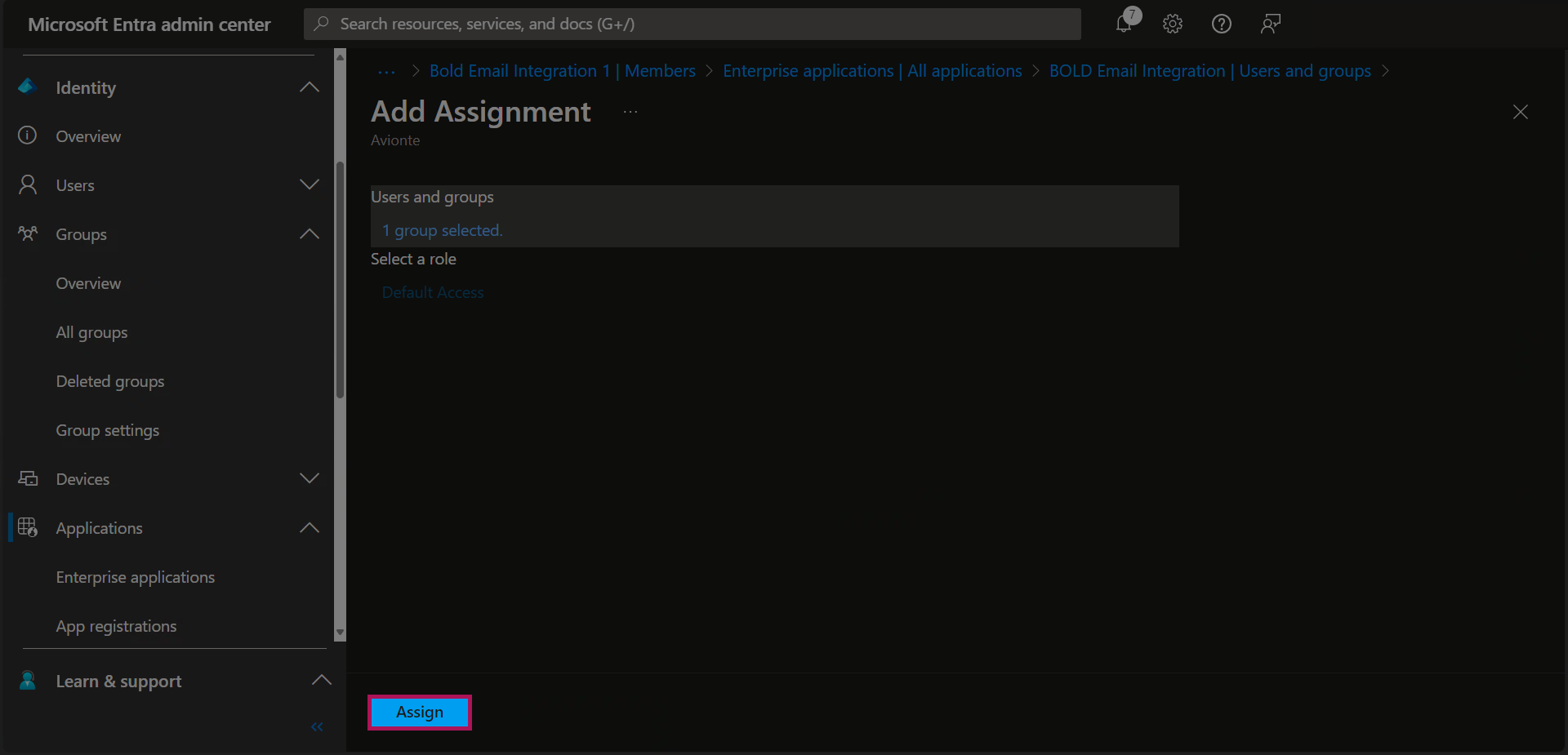 Entra - Enterprise Applications - Bold Selected - Users And Groups - Assign Users And Groups - Group Selected - Assign Button.png