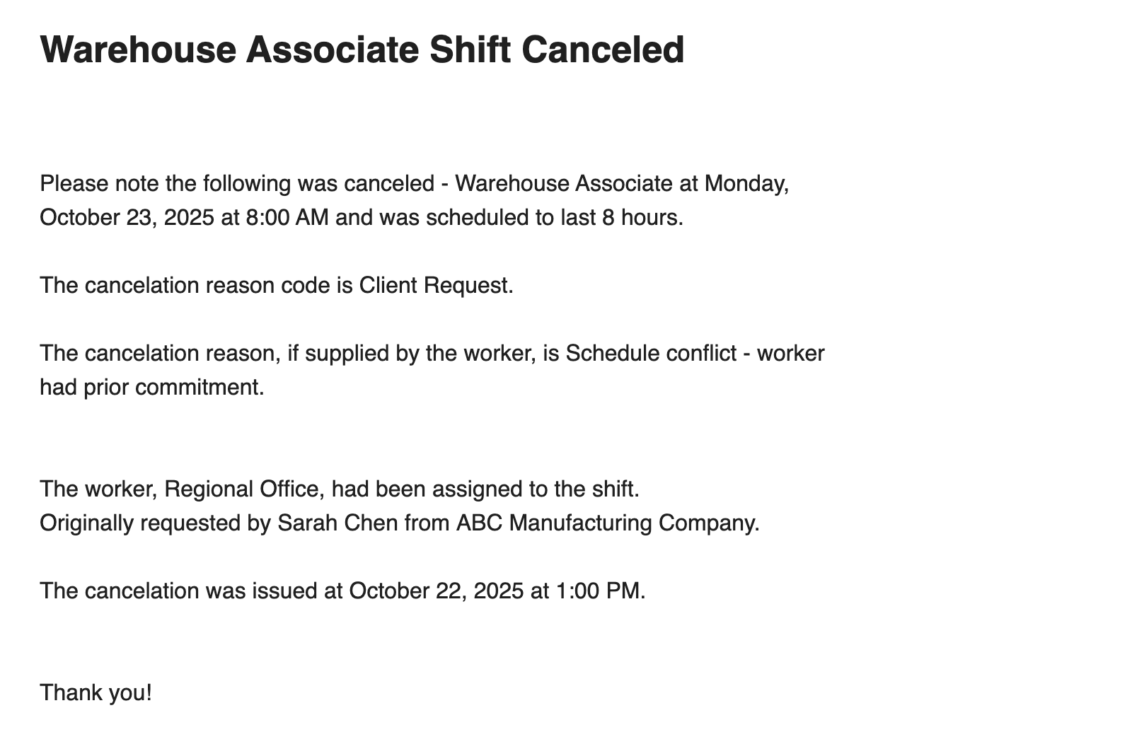 Shift Cancellation Notice (Employer) email template