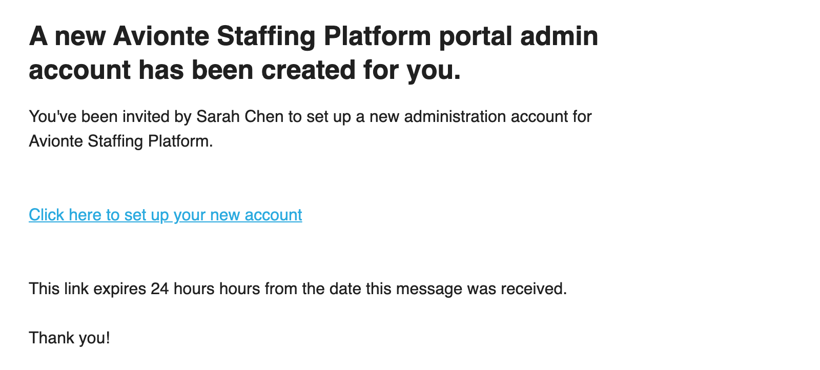 New Admin Account Created email template