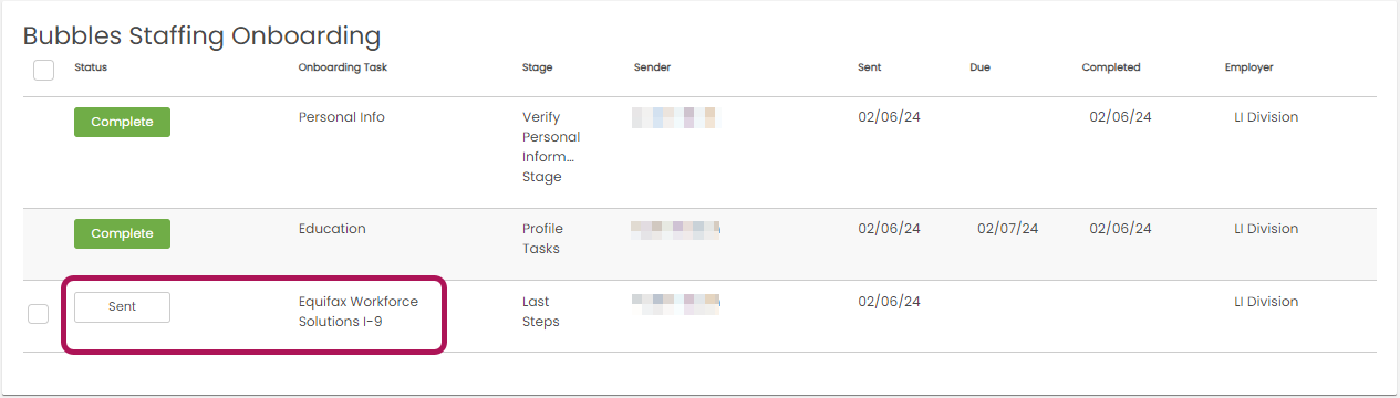 Onboarding task status showing Sent