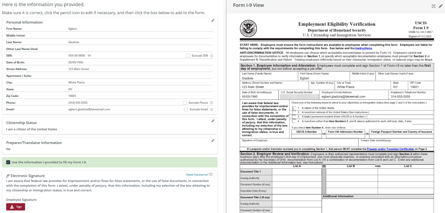 Review information screen