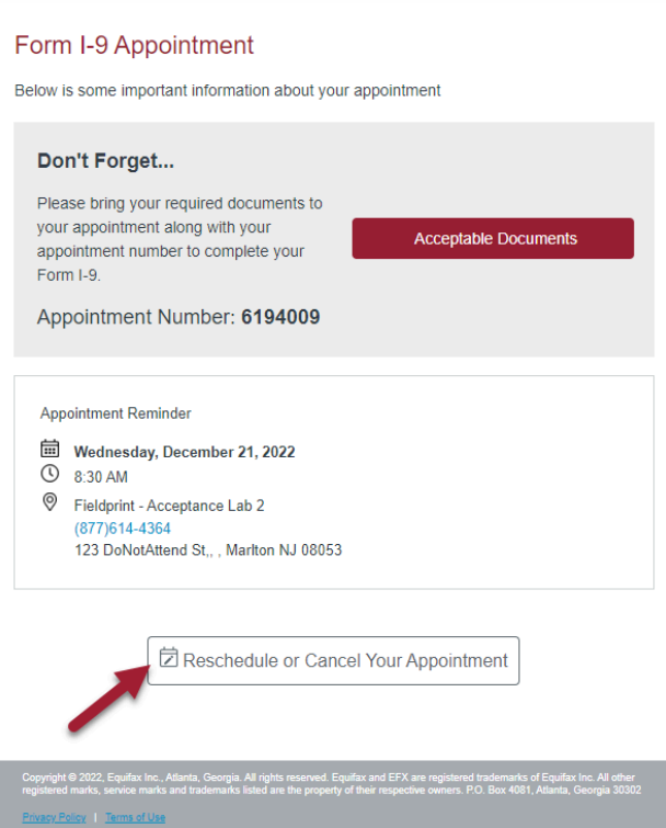 Appointment confirmation screen