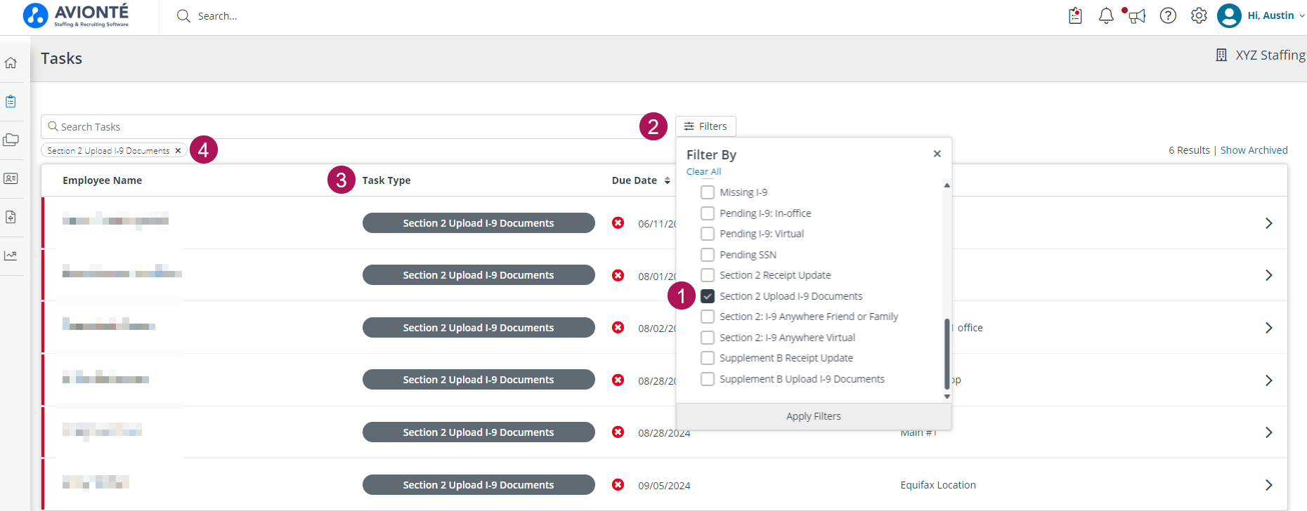 Task filter interface