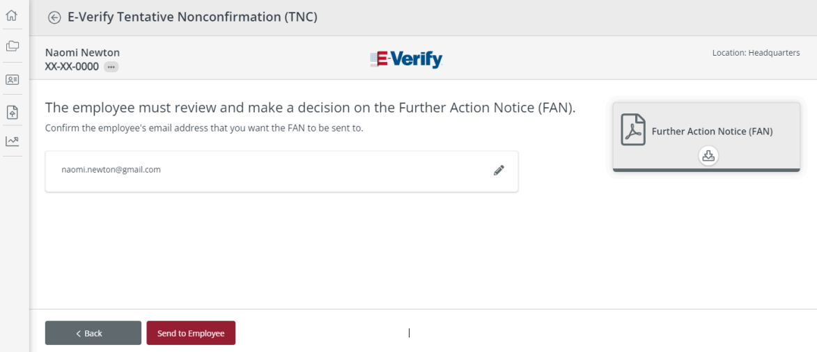 TNC email confirmation screen