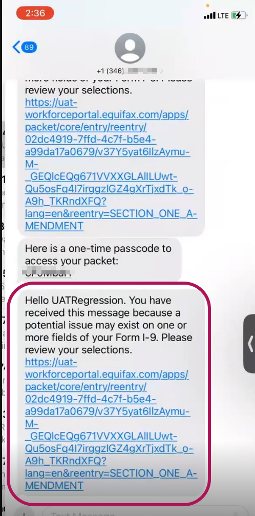 SMS text message received by employee