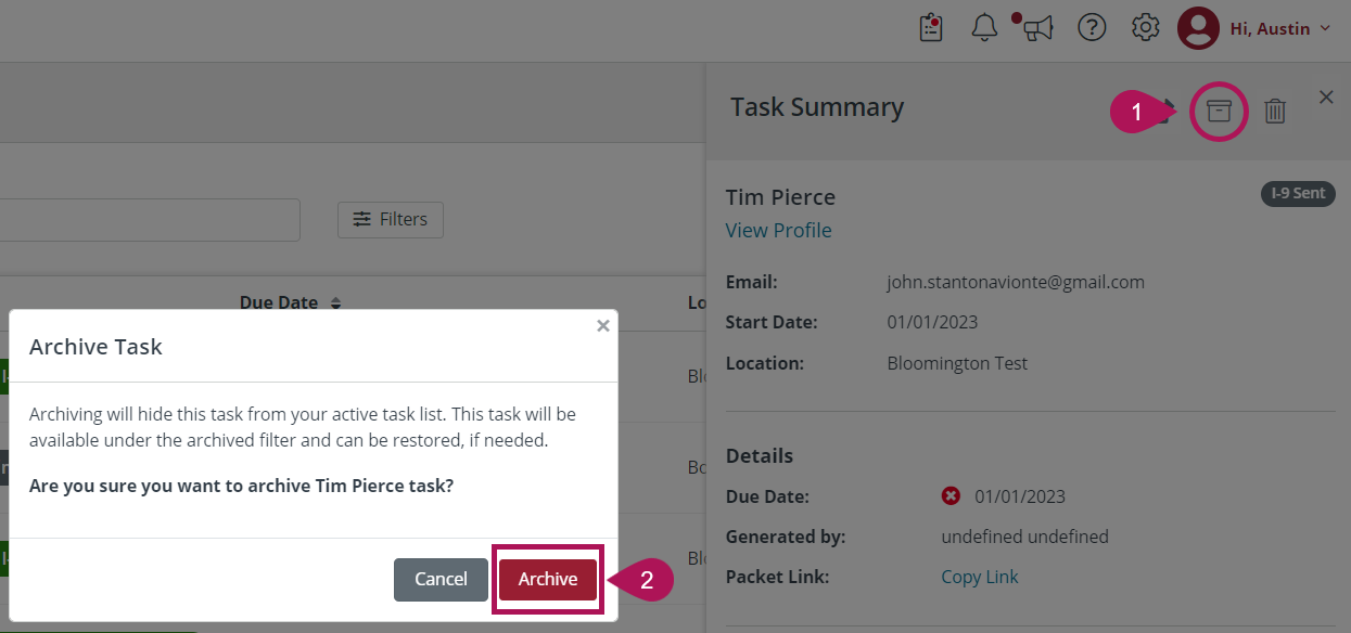 Archive task confirmation