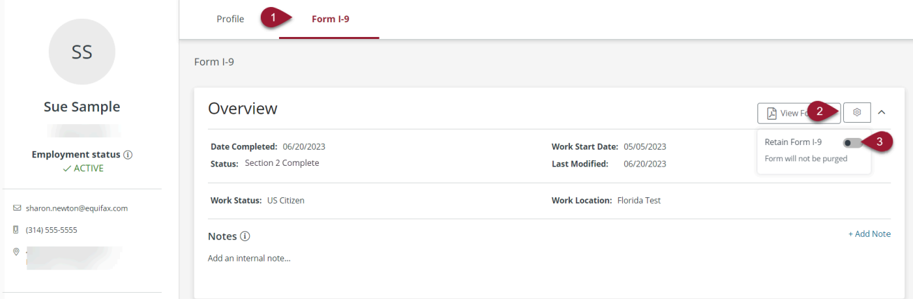 Retain Form I-9 toggle