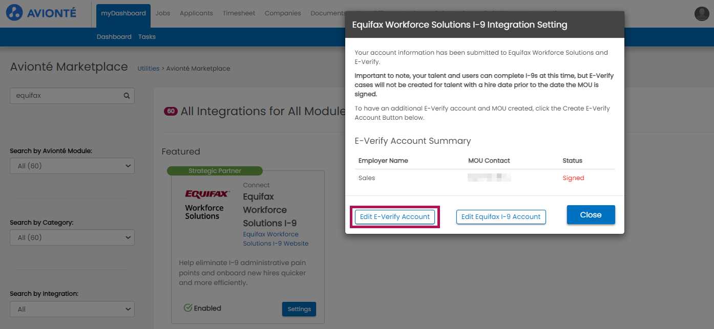 Equifax Marketplace E-Verify settings