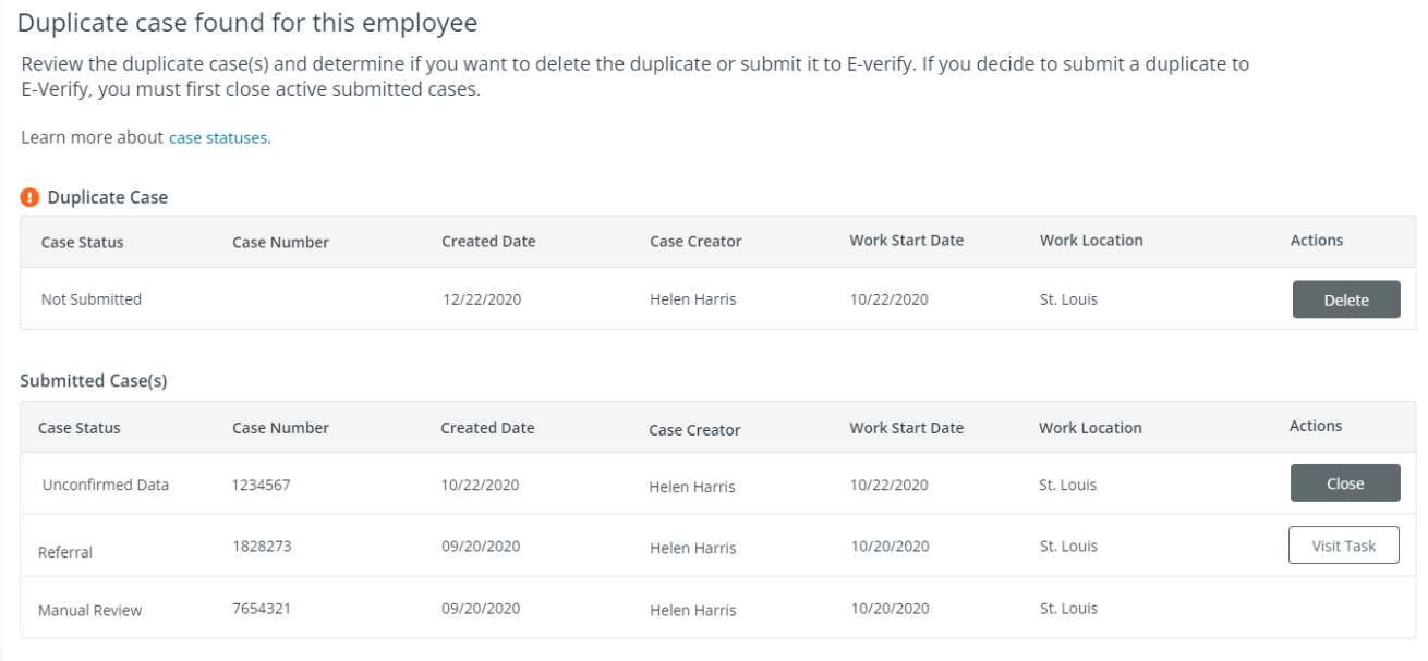 Duplicate cases screen